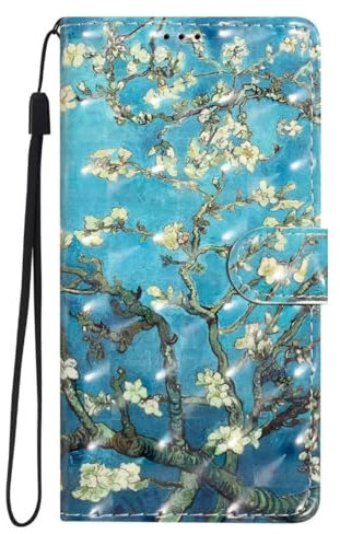 KRjcsfhy Hülle Case für Samsung Galaxy S24 Ultra, Lederhülle [ Premium Echtleder] [RFID Blocker] [Kartenfach] [Magnet] TPU Stoßfeste Klapphülle TPU Schutz für Samsung Galaxy S24 Ultra,Blaue Blüte