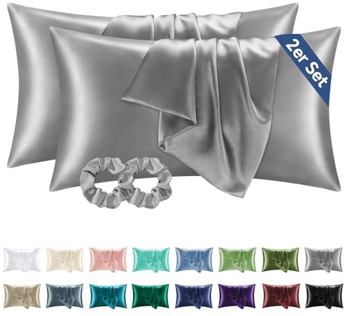 BEDELITE Satin Kissenbezug 2er Set 40x80 Grau | Seidenkissenbezug Alternative, Weich für Sommer, 2 Haargummis inklusive, für Haar und Haut