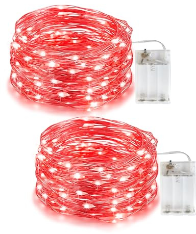 Rote Lichterkette Batterie, 5M 50LED Micro LED Lichterkette, IP65 Wasserdichte Lichterkette für Weihnachten, Urlaub, Festival, Zimmer, Außen, Innen, Party, 2er Pack