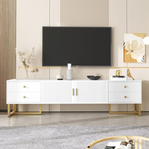 LuxeLiving Meuble TV bas de 175 cm de long avec 4 tiroirs et portes pour téléviseur jusqu'à 75 - Support TV avec pieds en métal doré et poignée - Blanc