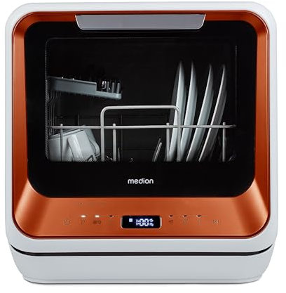 MEDION Mini Lavavajillas DWT20 (Lavavajillas de sobremesa, lavavajillas, 2 cubiertos, funciona con/sin toma de agua, 6 programas de limpieza, biberones, preselección de la hora de inicio