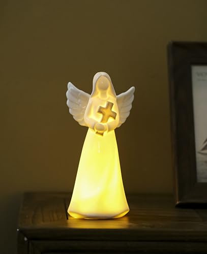 ADAVAS.Y&G Porcelain Lighted Angel Figurine Holding Cross, and Decor 7 H