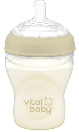 Vital Baby Nurture Breast-Like 0m+ Baby Feeding Bottles, 240ml 1pk, Self-Sterilising in 3 Mins, Triple Anti-Colic Valves, Slow Flow Teats, EarthSmart Biodegradable, BPA-Free