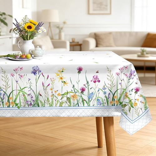 Arquiel Tischdecke Wildblumen, Tischdecken Abwaschbar Rechteckige Tischtuch Frühling Blätter Tischdeck für Haus Küche Esszimmer Party Dekoration(140 x 180 cm)