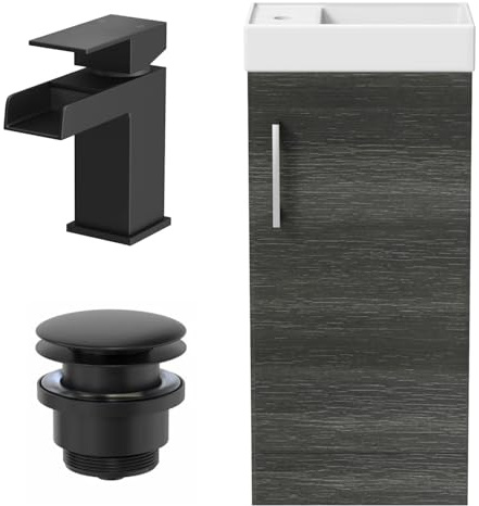 AURORA® 400mm Bathroom Vanity Unit Ceramic Wash Sink Floorstanding Storage Cabinet Reversible Soft Close Cupboard & Black Waterfall Basin Mixer Tap & Waste Set, Charcoal Grey