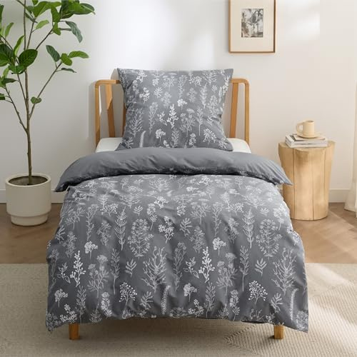 BEDSURE Juego de ropa de cama 135x200 algodón gris - Juego de sábanas 135 x 200 cm con funda de edredón de 2 piezas y funda de almohada de 80x80 cm, ropa de cama reversible ÖKO-TEX con estampado de