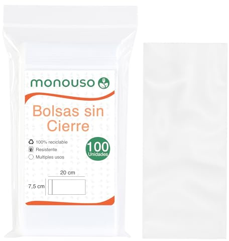 Monouso | 100 Bolsas Plástico Sin Cierre, 7,5x20cm, Color Transparente, Almacenimiento, Alimentos, Ferreterías, Peluquerías, Mercerías