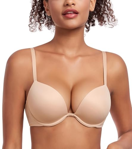 Lemorosy Push Up BH för kvinnor med bygel, t-shirt, bh, starkt grepp, vadderad djup V-ringning, multiway, sömlös, bekväm, klassiska bhs (beige, 85 B)