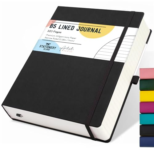 STATIONERY ISLAND B5 liniertes Notizbuch, 320 Seiten dickes liniertes Tagebuch, Hardcover mit 100 g/m² zum Schreiben, Arbeiten, Lernen, Tage buch, Schwarz
