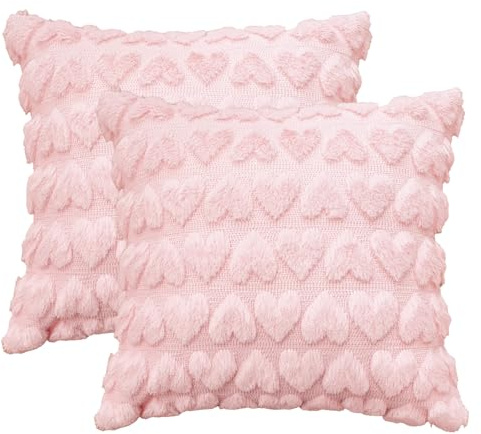 Artoid Mode Ensemble de 2 housses de coussin en jacquard peluche rose à motif cœur, 45x45 cm, pour canapé, décoration de salon