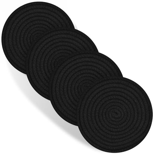 Trivets for Hot Dishes, 4 Pot Holders for Kitchen, Heat Resistant Mats for Countertop, 8 Inch Hot Pads for Hot Pots and Pans, Coaster, Home Essentials, Rustic Farmhouse Decor (Black)