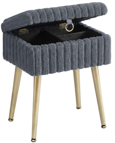 SONGMICS Rectanglular Vanity Stool Chair with Storage, Dressing Table Stool, Footrest Footstool Ottoman, Metal Legs, Adjustable Feet, for Living Room, Bedroom, Makeup Room, Slate Grey LOM505GZ03