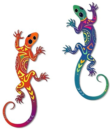 DUOOLN Metal Lizard Gecko Wall Decor Art, 2 Pack Garden Hanging Sculpture | Colorful Yellow-Yard Outdoors Decoration-Living Room Patio Fence Home Ornaments-Reptile Pictures-Safari Silhouettes-Gift-11.8