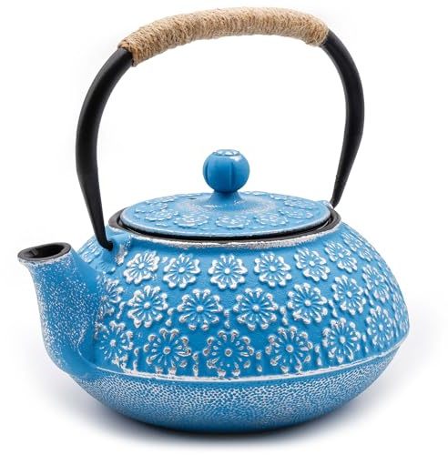 Zen Minded Traditional Japanese Cast Iron Tetsubin Stovetop Teakettle Teapot with Rope-Handle & Stainless-Steel Loose-Leaf Filter for Green Tea & Infusions 900ml - Blue & Silver Blossom