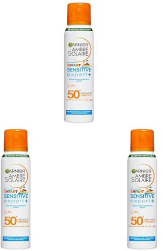 GARNIER Ambre Solaire - Brume Anti-Sable Kids FPS 50+ - Haute Protection Solaire - Protège des UVA, UVB & UVA Longs - Résiste à L'Eau - À Base De Céramides - Peaux Sensibles - 150 ml (Lot de 3)