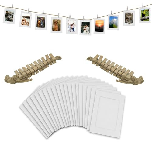 SZWLJ 20 Pack White Paper Photo Frames Measuring 4x6 Inch with Hanging String & Pegs for Photo Banner, Display, and Event Decorations