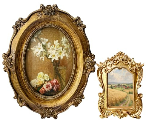 2 Pcs Vintage Photo Frames Antique Baroque Ornate Resin Rectangle Oval Picture Frames with Glass Front Tabletop and Wall Decor for Home Wedding 4×6 and 2×3