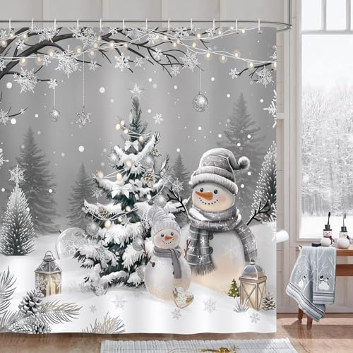 Bonhause Christmas Snowman Shower Curtain, Winter Xmas Tree Grey Snowflake Bathroom Curtain 180 x 180 cm Waterproof Mildew and Mould Resistant Polyester Fabric Bath Curtain with 12 Hooks