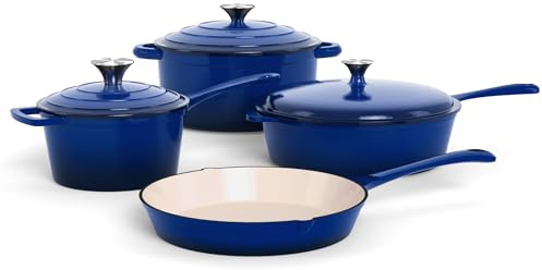 Kitchen Academy, Enameled Cast Iron Cookware Set, 7 PCS Set of Dutch Ovens | Cookware Set, Sauce Pan, Skillet, 3 Lids, Dutch Oven Set, Pots and Pans Set Nonstick Blue