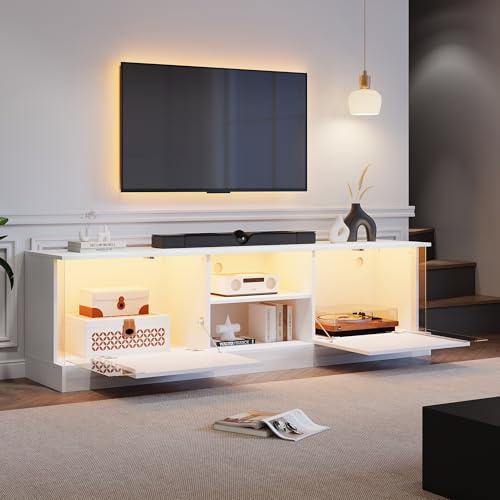 BXEYXE Mueble de TV blanco brillante apto para televisores de hasta 70 pulgadas. Soporte de TV de pie en el suelo con función de almacenamiento LED