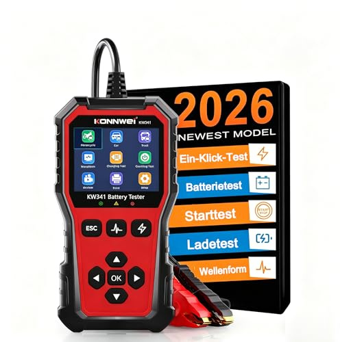 KONNWEI KW341 Autobatterie Tester 6V 12V 24V, 100–3000 CCA Batterieprüfer mit Anlasser- & Ladesystem Diagnose, Cloud-Bericht, für AGM GEL EFB Lithium Batterien, geeignet für PKW LKW Motorrad