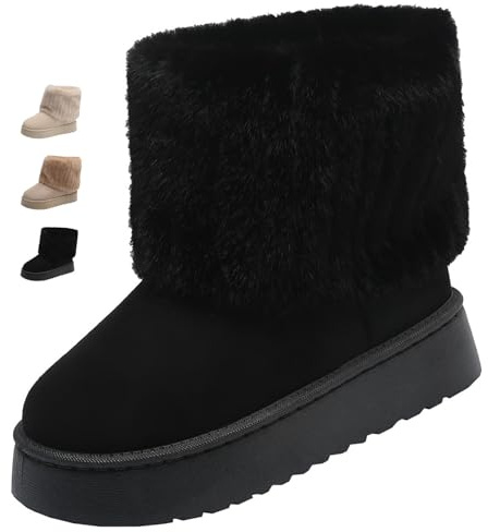 GHTRHSB Bottes de neige en daim pour femme – Bottines d'hiver à plateforme avec fausse fourrure, chaussures chaudes et confortables à enfiler pour femme, Noir , 39.5 EU