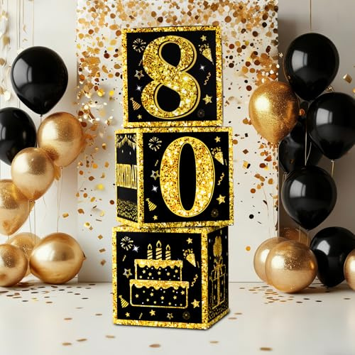 Dekorativa lådor för män 80 år | 3 stycken svart och guld, dekorationer för 80-årsdagen, festartiklar för män och kvinnor för 80-årsjubileum