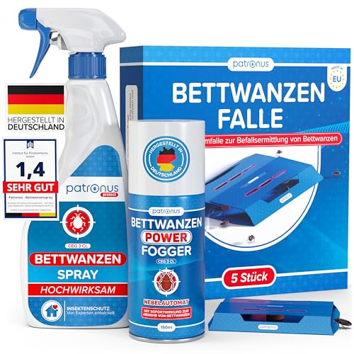 Patronus Bettwanzen Komplett-Set: Spray 500ml, Fogger 150ml & Fallen 5x - Bettwanzen Bekämpfung Set - Bed Bug Spray, Bettwanzenfogger & Bettwanzenfalle mit Lockstoff