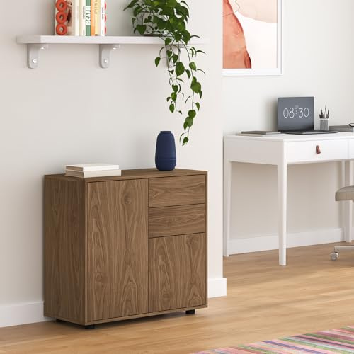 [en.casa] Aparador Paarl Cómoda Armario Bajo 74 x 79 x 36 cm con 2 Cajones y 2 Puertas Organizador de Oficina Sideboard Cajonera Multiusos Mueble Auxiliar Sin Mango - Efecto Nogal
