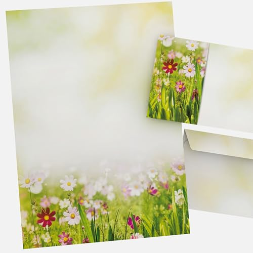 Briefpapier Set | Sommerwiese | 50 Blatt Blumen Motivpapier A4 | 50 Briefumschläge OHNE FENSTER im DIN LANG-Format