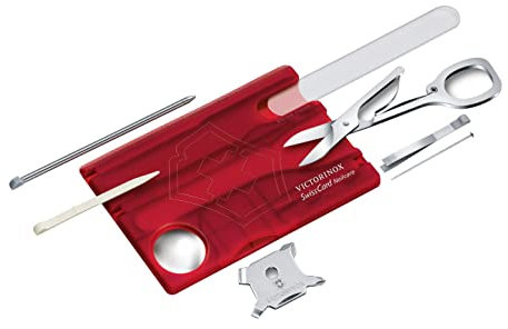Victorinox Swiss Card Nail Care, Swiss Made Pocket Tool, Credit Card Size, 13 Functions, Nail File, Scissors, Red Transparent