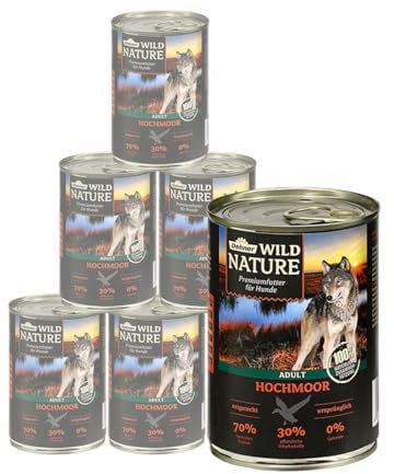 Dehner Wild Nature Hundefutter Hochmoor, Nassfutter getreidefrei / zuckerfrei, für ausgewachsene Hunde, Ente, 6 x 400 g Dose (2.4 kg)