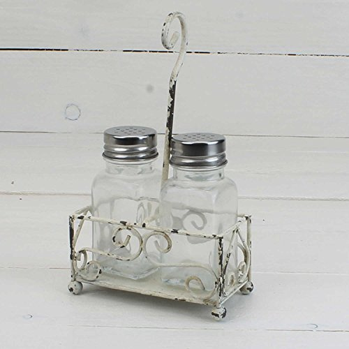 MACOSA SA80022 - Set saliera e pepiera in stile shabby chic, in ghisa, colore: bianco anticato