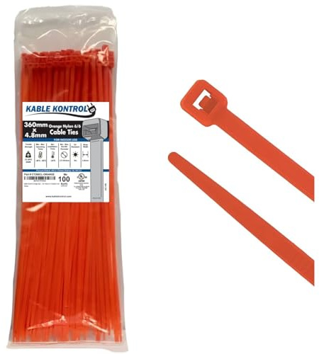 Kable Kontrol Orange Cable Ties, 360 mm x 4.8 mm, Pack of 100, 14 Premium Nylon Zip Ties, Multi-Purpose Plastic Tie Wraps, Secure Self-Locking Mechanism, for Home, Garden, Office and DIY
