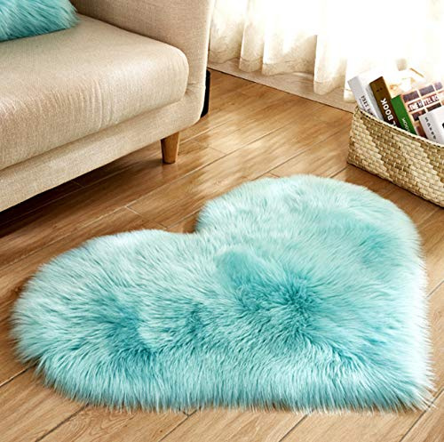 CHITONE Heart Shaped Luxury Plush Fuax Sheepskin Area Rug Fluffy Fuax Fur Seat Pad Area Rugs for Bedroom Floor Sofa Living Room 2.3x3ft,Light Blue