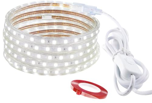 LONCWO LED Streifen 20m, IP65 Wasserdicht LED Strip LED Band 220V 230V LED Lichtband mit Schalter, Weiß, 20M