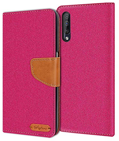 Verco Coque pour Galaxy A50, Étui Portefeuille Compatible avec Samsung Galaxy A50 Case Textures de Fibre Housse de Protection, Rose