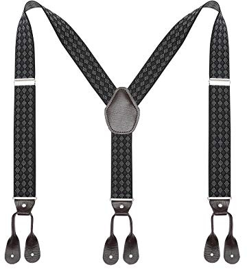 AWAYTR Mens Brown Button End Suspenders - Adjustable Elastic Y Shape Tuxedo Suspender (Plaid-Black)