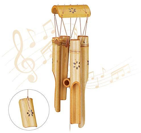 relaxdays Carillón de Viento, Móvil Madera, Decoración para Balcón o Jardín, Feng Shui, Resistente, Bambú, 73 cm, Marrón