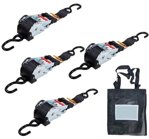 (4 Pack) 2 x 10' Auto Retract Ratchet Straps | Quick n Easy Retractable Ratchet Straps with Coated S Hook Tiedowns for Motorcycles, ATVs, Bikes: Tight & Secure Pickup Trailer Tie-Down
