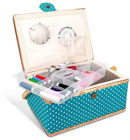 Navaris Nähkasten Nähkästchen Nähkoffer für Handarbeit - Korb mit praktischem Tragegriff - Handarbeitskorb inkl. Nähzubehör - Punkte Design