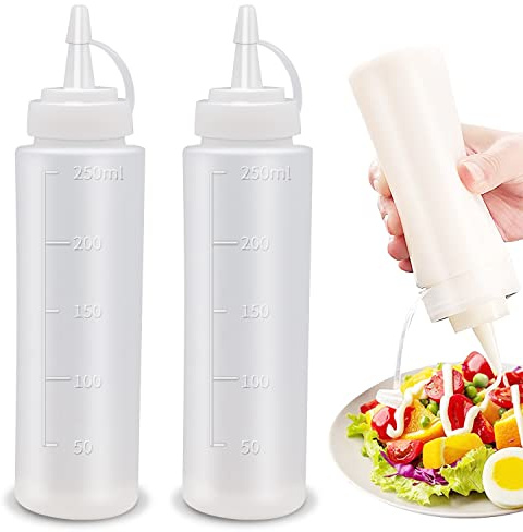 Abnaok Condiment Squeeze Bottles, 2-Pack 8 oz Food Grade Plastic Squeeze Bottles For Sauces, Leak Proof Condiment Containers with Twist On Cap Lids,Easy Squeeze for Oil, Honey & Dressings