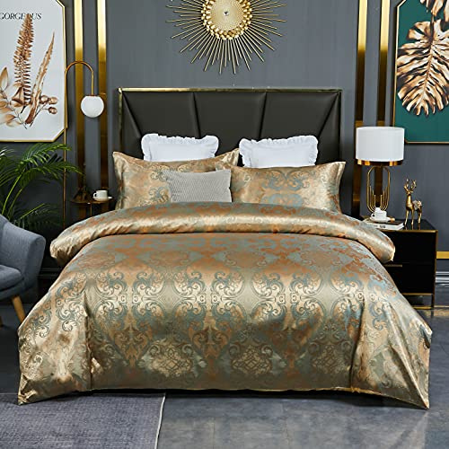 HMtideby Juego de funda de edredón jacquard de microfibra, tamaño King, juegos de ropa de cama 3 piezas, funda de edredón dorada con 2 fundas de almohada a juego, 240x220cm