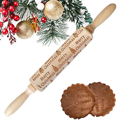 XiXiRan Rouleau à pâtisserie en relief de Noël - Rouleau à pâtisserie en bois avec motif de Noël et roulements à billes (S)