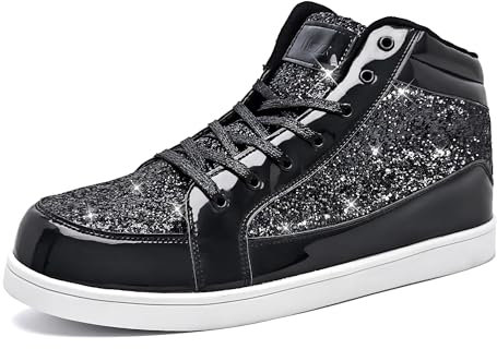 IGxx Glitzernde weiße Schuhe für Herren, modisch, hohe Oberseite, lässige Pailletten, funkelnde Sneaker, Herren, glitzernd, glänzend, Schwarz glitzernd, 44.5 EU