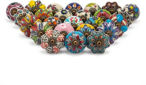 Rasiya Art Assorted Multicolour Drawer Knobs - Multicolour Countryside Cabinet Door Pull Handles for Kitchen Wardrobes Boho Home Interior Decor - Pack of 25 | Decorative Countryside Colorful Ceramic Pull Handle Cupboard Wardrobe Knob Boho Room Interior Decor - Assorted Multicolor
