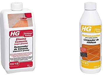 HG Elimina Cemento de Capa Grasa para Residuos de Cemento y Lechada de Baldosas y Losas de Cerámica No Porosas -1 L + Quitamanchas profesional para baldozas (envase de 0,5 L)