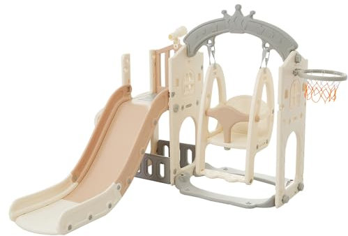 Merax Scivolo per bambini, 5 in 1 per bambini, con altalena, cestino da basket, porta da calcio, torre da arrampicata, parco giochi per bambini, scivolo da giardino per interni ed esterni, rosa