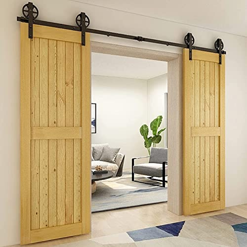 Schiebetürbeschlag Doppeltür 396cm Schiebetüren Schiebetürsystem Komplettset Laufschiene Rollen Set Schwarz für 2 Holztür 99cm Breit, Große Rolle in J-Form