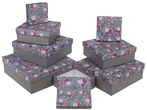 8-teiliges Set Geschenkschachteln Geschenkboxen Geschenkkarton, 8 Stück Geschenkkartonage Boxenset Weihnachten Geburtstag Hochzeit, ca. 22,5 x 22,5 x 8 cm (Grau mit Frühlingsblumen)